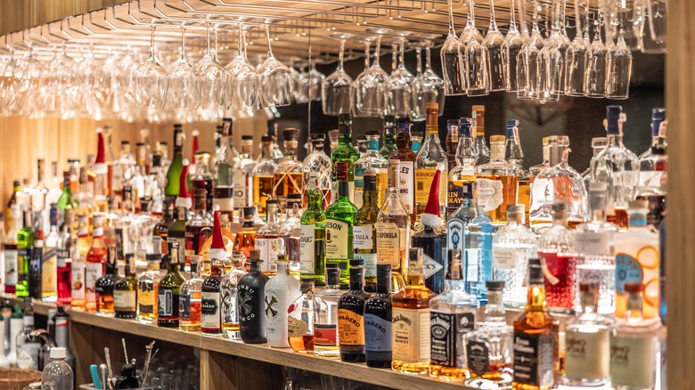 shelves of spirits at a bar