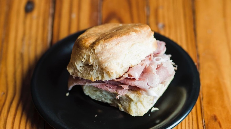 ham and egg sandwich on biscuit