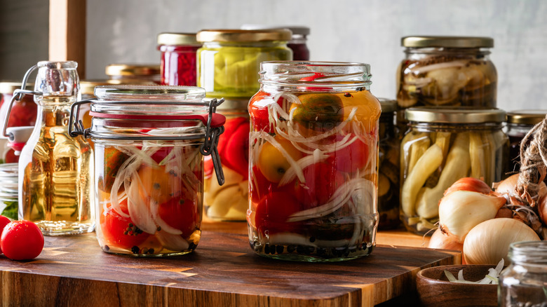 jars of various pickled foods