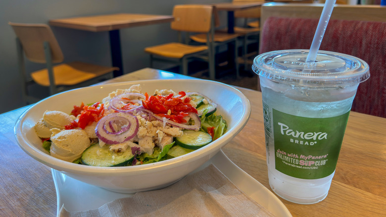 Panera salad with drink