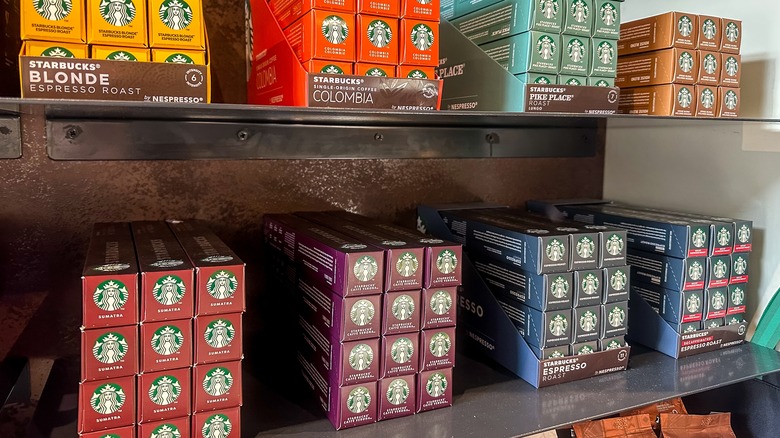 Shelves of Starbucks coffee pods.