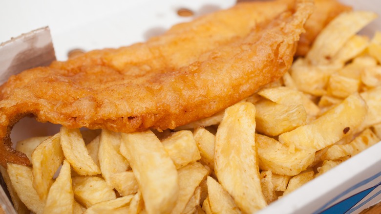 traditional fish and chips served in box