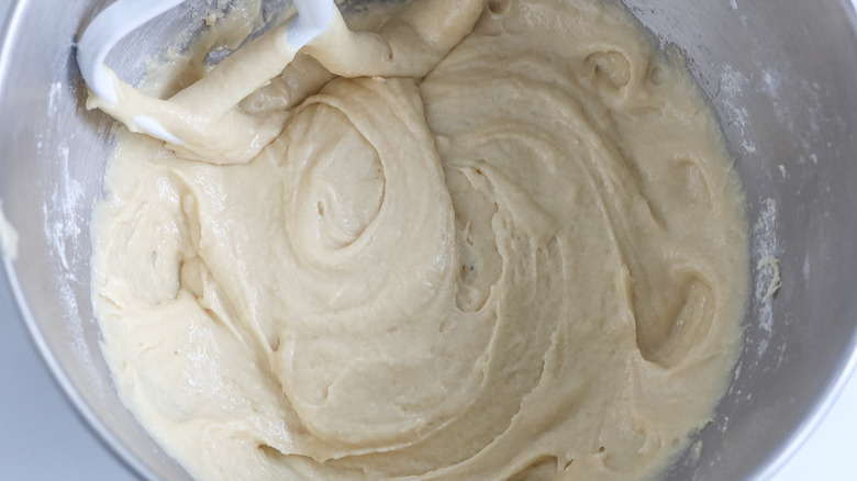 coffee cake batter in mixer