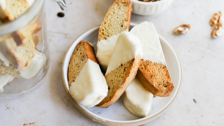 Plate of white chocolate walnut biscotti