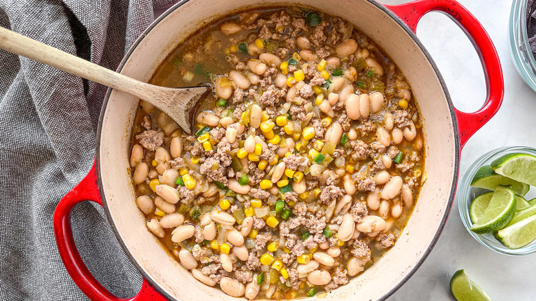 simmering turkey chili in pan