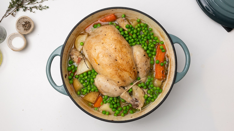 Chicken pot roast with peas and carrots