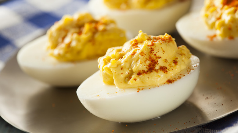 Close up of deviled eggs on tray