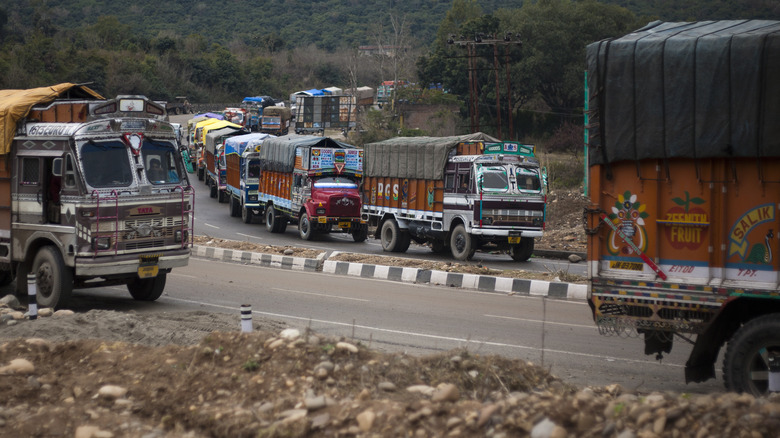 Trucks lined up on a Kashmir highway in India