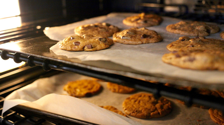 Chocolate chip cookies baking in the oven