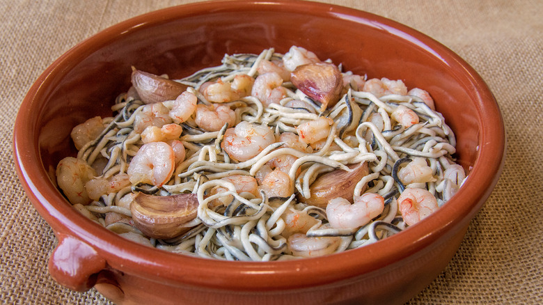 baby eels with shrimp and shallots