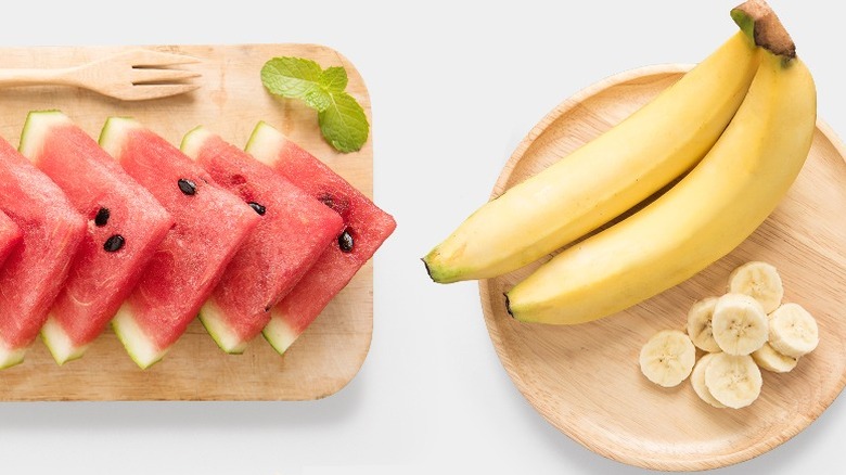 Sliced watermelon and bananas