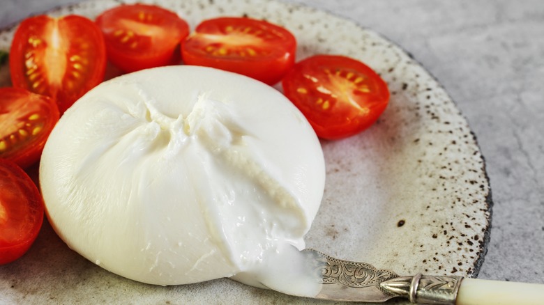 burrata ball on a speckled plate with tomatoes