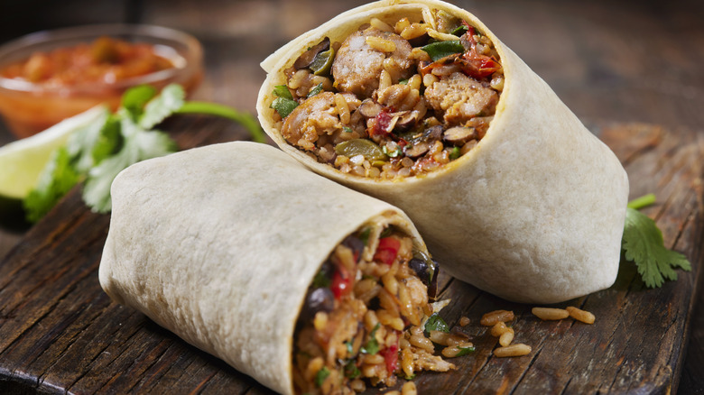 Halved wrap with beans and sausage