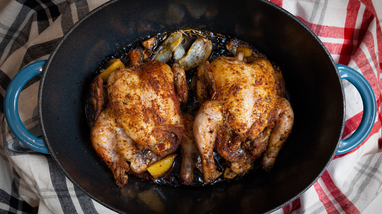 two cornish hens in crock