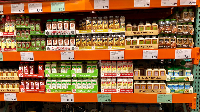 Shelves of Costco spices.