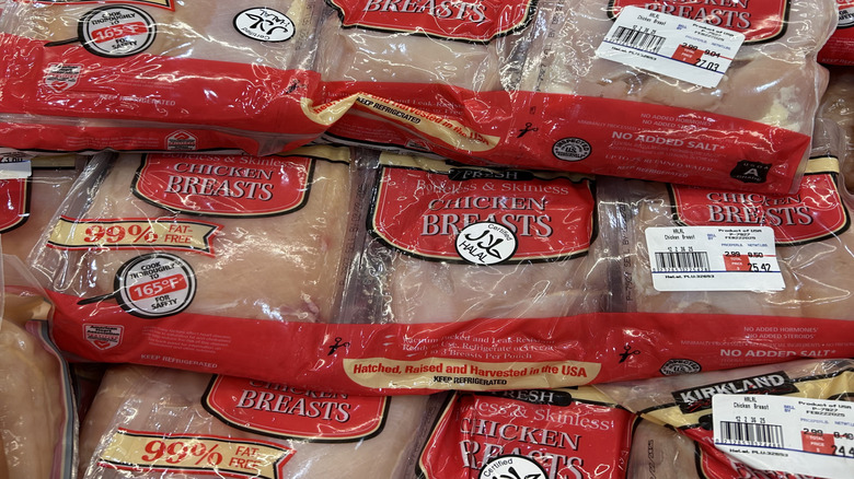 A close up picture of Kirkland Signature chicken breasts.