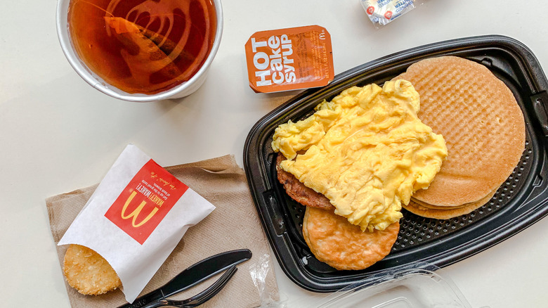 McDonald's pancakes and hash browns on a table