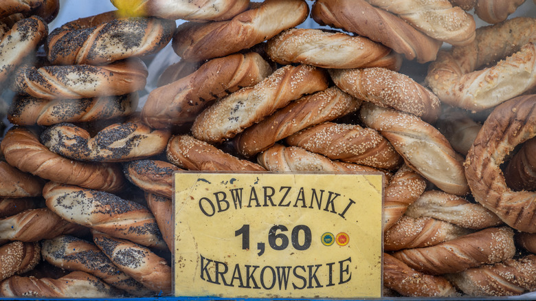 Stacks of obwarzanki Polish bagels on display