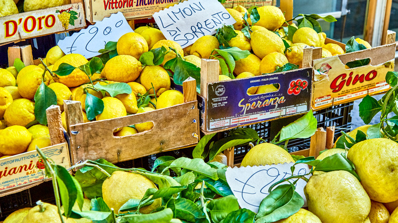 Baskets of lemons for sale on a street in Sorrento