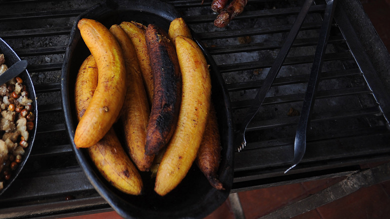 Whole bananas on a grill