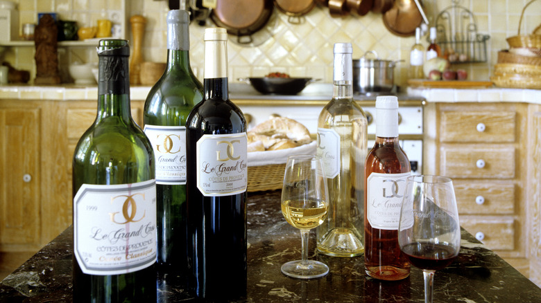 French wine bottles on kitchen island