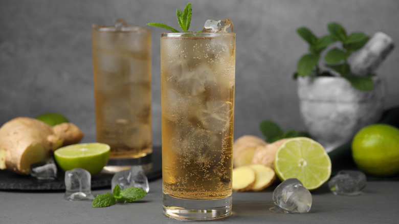 Glasses of ginger ale with garnish