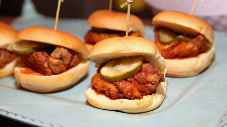 Nashville hot chicken sandwiches with pickles