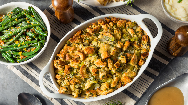 Stuffing in a pan on a table