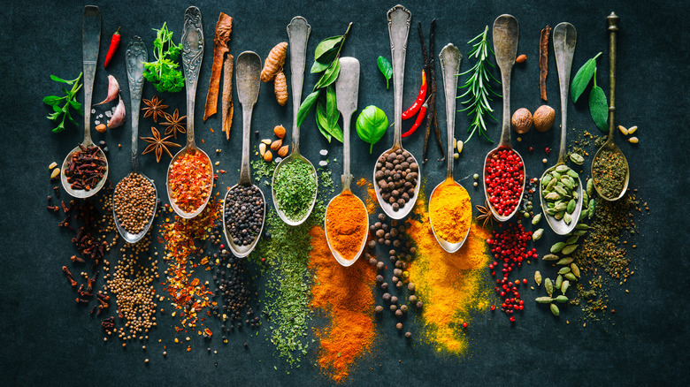 Colorful spices on spoons