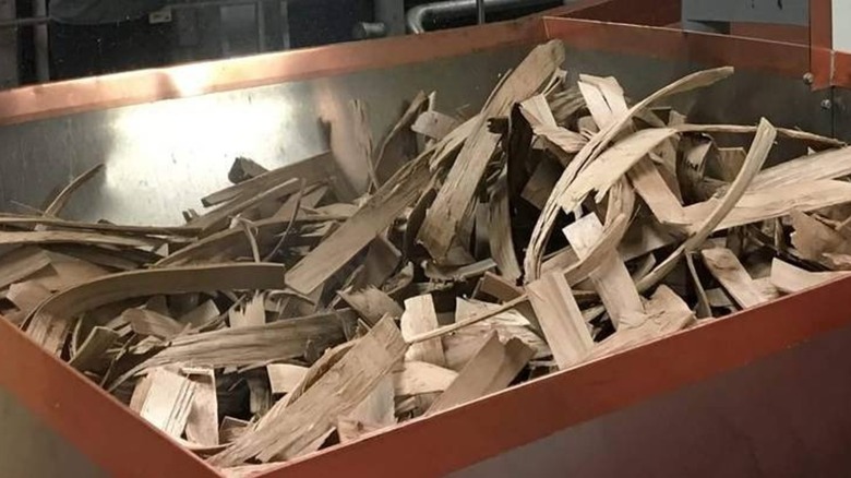 A bin of beechwood chips at a brewery