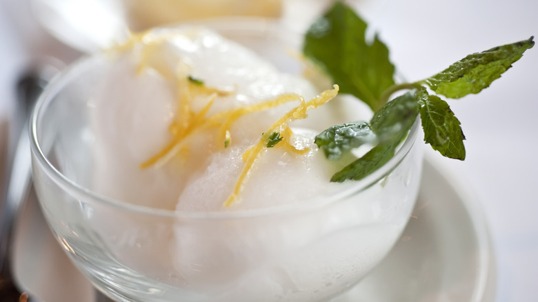 White sherbet in a glass bowl