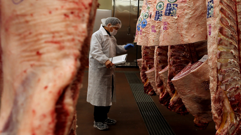 butcher evaluating wagyu beef
