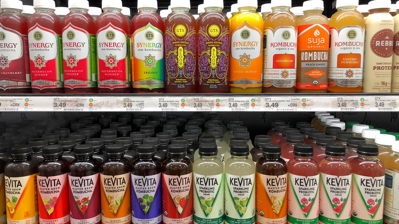 Bottles of kombucha on store shelves