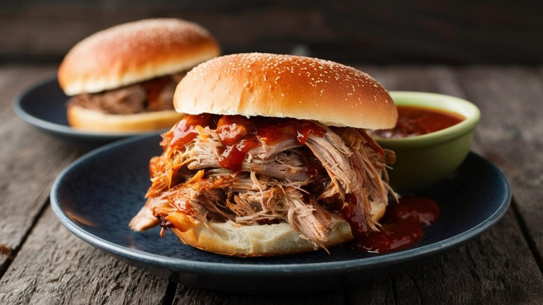 Pulled pork sandwich next to sauce