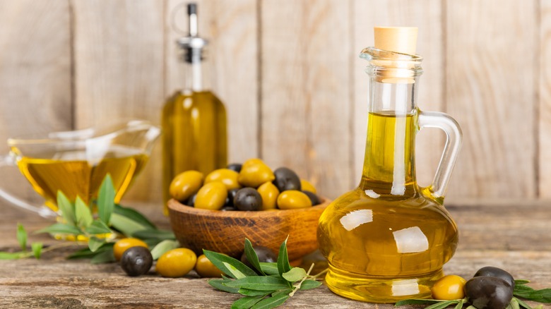 olive oil and bowls of olives