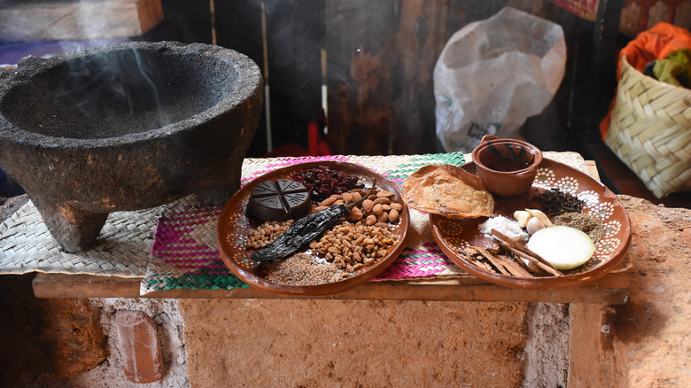 Molcajete with mole ingredients