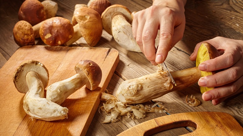 Mushrooms being cut