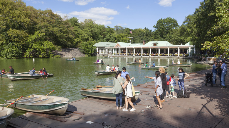 The Loeb Boathouse with row boats in front