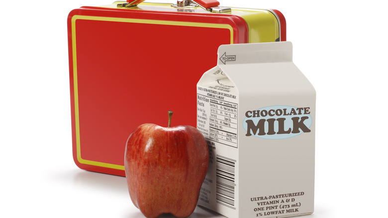 Chocolate milk carton, apple, lunchbox