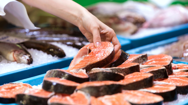 salmon steaks at market