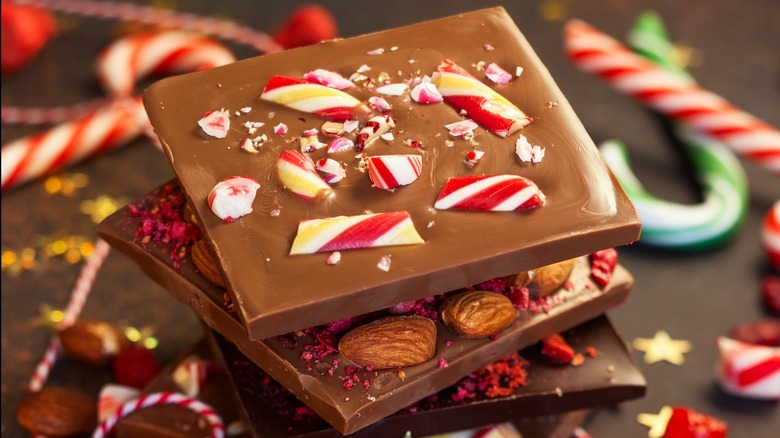 Chocolate topped with crushed peppermint sticks