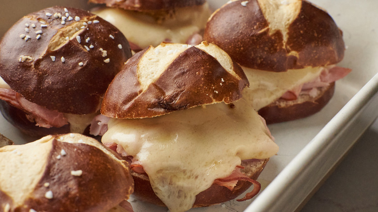 Close up of pretzel sliders 