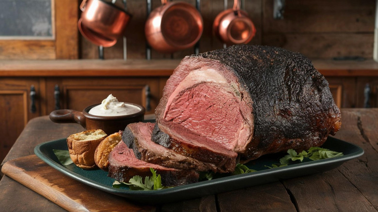 Prime rib plated with horseradish cream sauce