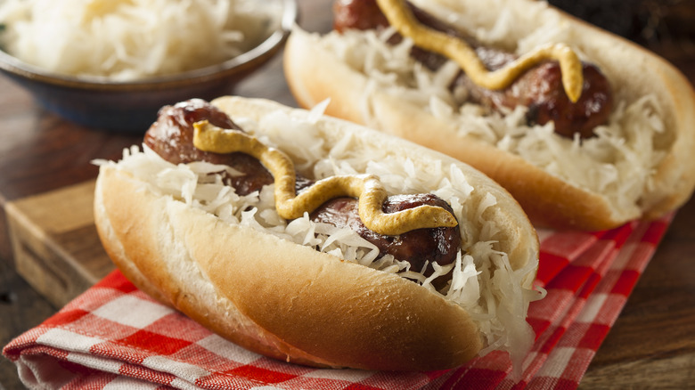 Brats with sauerkraut and mustard