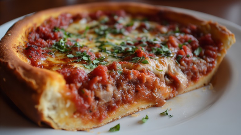 close up of deep dish pizza