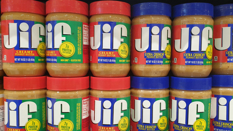 Shelves of Jif peanut butter