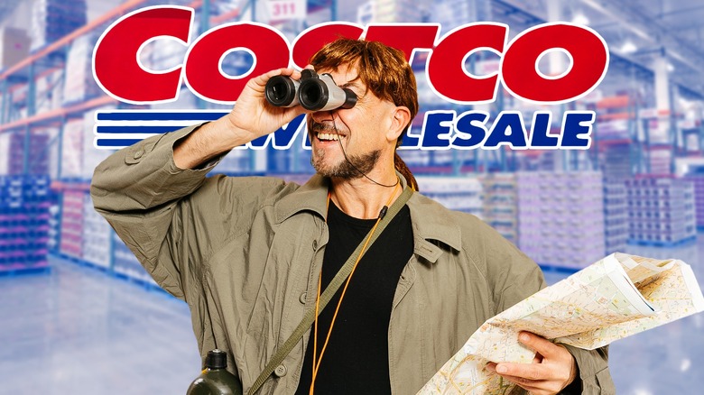 client having a be aware through binoculars over Costco background and tag