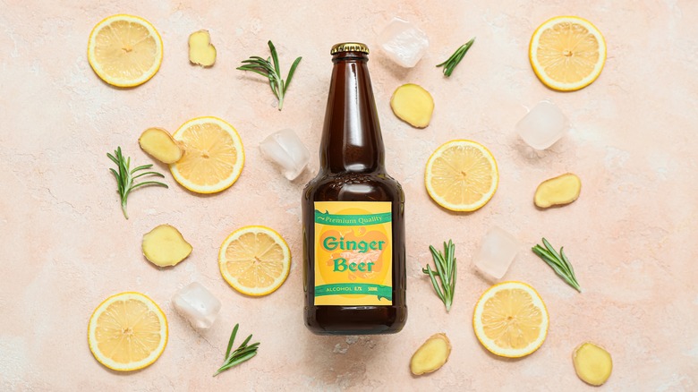 Bottle of ginger beer with lemon and ginger