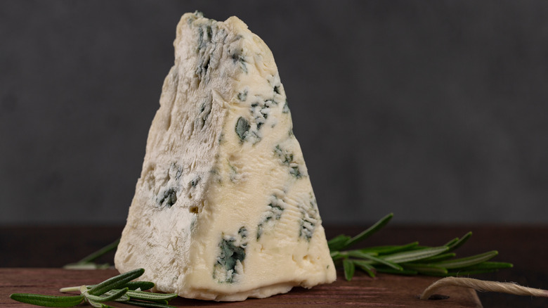 Wedge of Gorgonzola standing upright