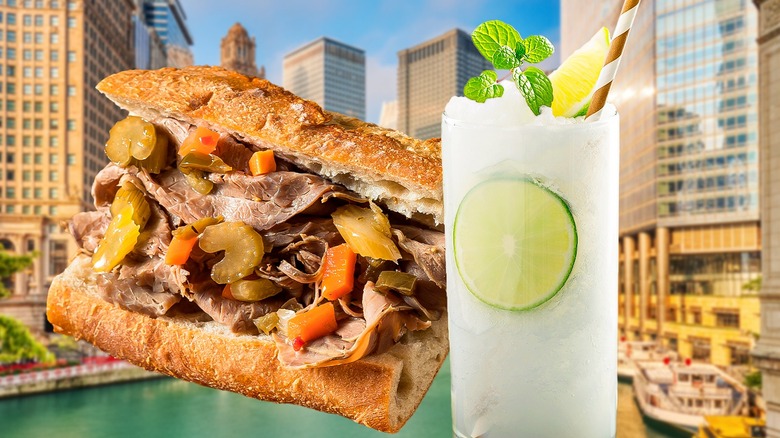 Steak sandwich and lemonade over Chicago background